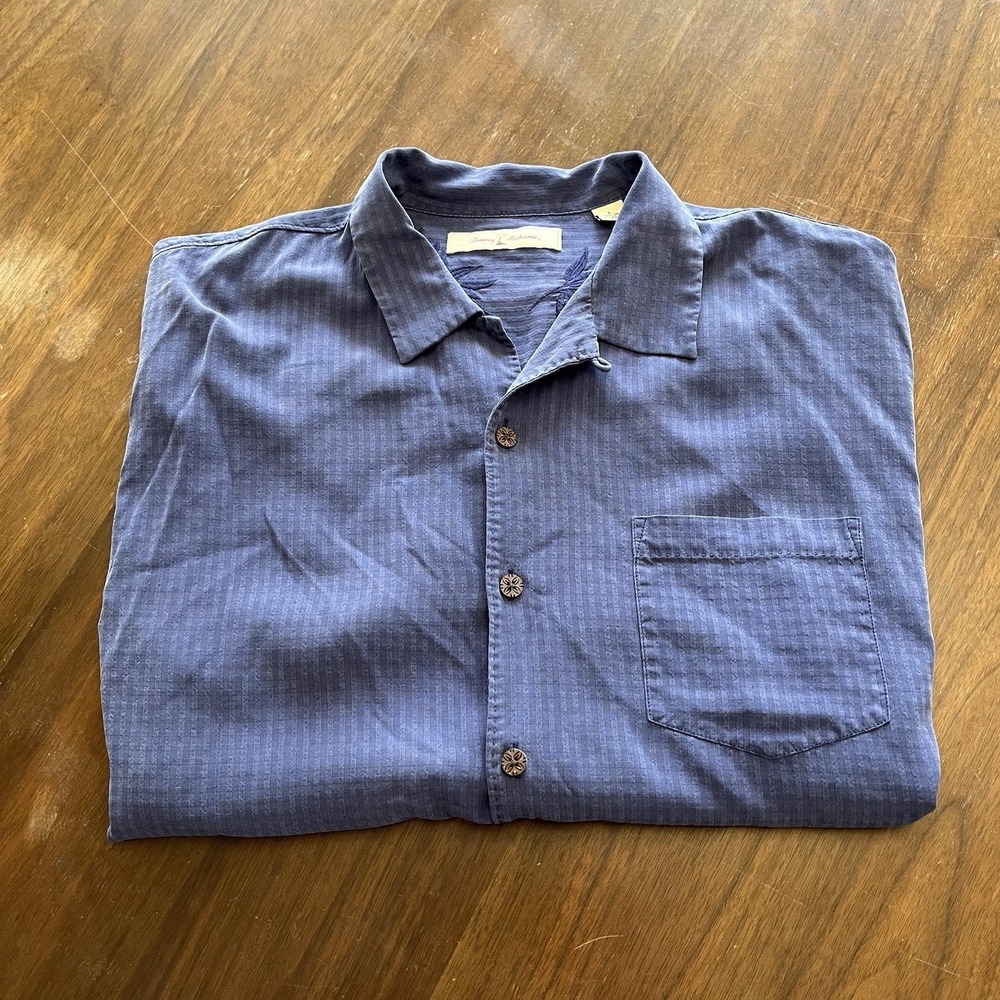 Tommy Bahama Men's L Silk Blue Floral Short Sleeve Button-Up Shirt Textured